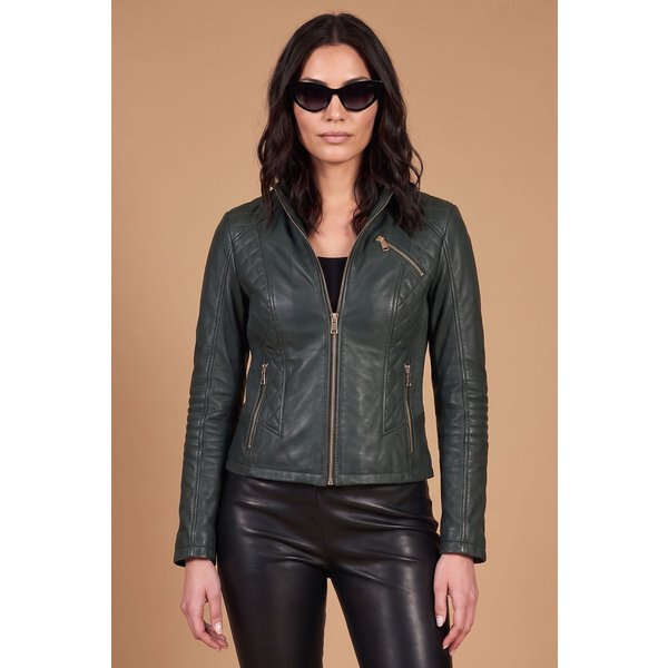 Veste cuir vert veste moto col mao cuir d'agneu naturel