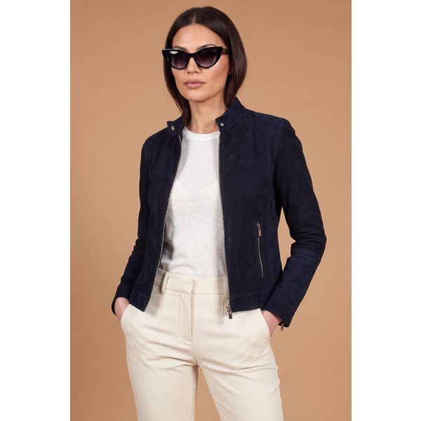 Veste cuir daim perforé bleu effet lisse