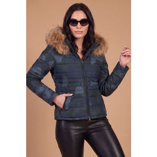 Doudoune cuir bleu militaire capuche bordé fourrure cuir plongé