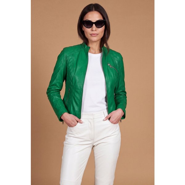 Veste cuir vert veste moto col mao agneau plongé