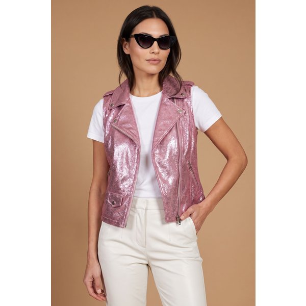 Gilet Cuir Laminé Rose Motard Veste Moto Cuir Plongé-image