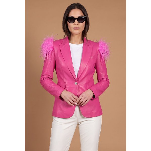 Blazer cuir naturel fuchsia veste à plumes