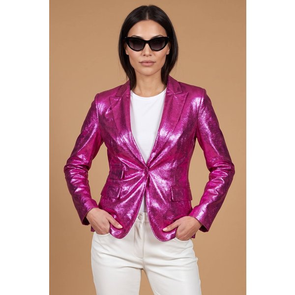 Blazer cuir laminé violet un bouton cuir plongé effet lisse