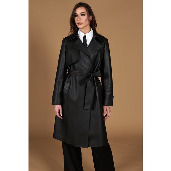 Manteau Cuir Noir à Ceinture Cuir Plongé-image