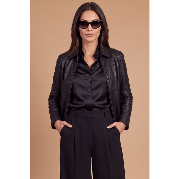 Veste En Cuir Plongé Noir à Col Chemise Effet Lisse-image