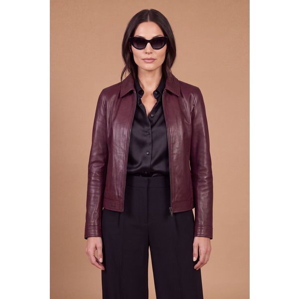 Veste En Cuir Plongé Bordeaux à Col Chemise Effet Lisse-image