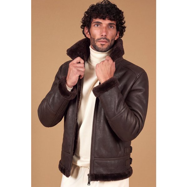 Blouson mouton marron foncé veste moto col chemise à boucle