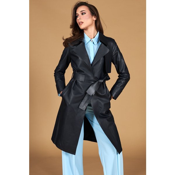 Manteau cuir bleu foncé à ceinture cuir plongé