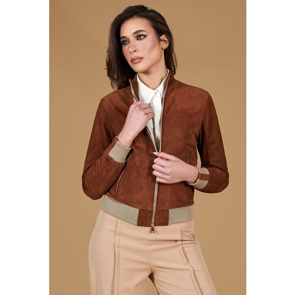 Blouson bomber cuir daim cognac femme avec laine merinos