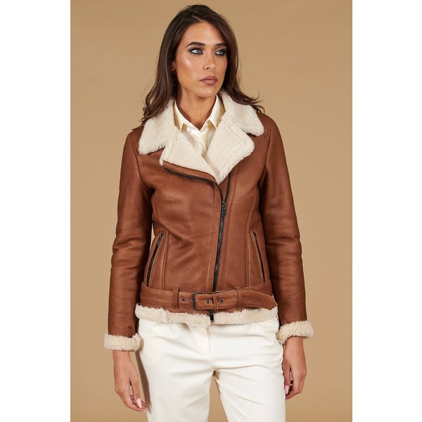 Blouson mouton cognac motard ceinture et éclair croisé