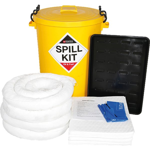 Fentex 90L Oil & Fuel Spill Kit with Drip Tray in Yellow Lockable Drum