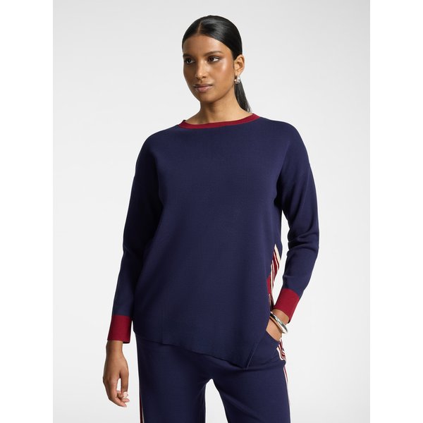 Elena Mirò - Maglia Con Inserto A Righe E Orlo Asimmetrico Donna, Blu Taglia: XS (42 It)-image