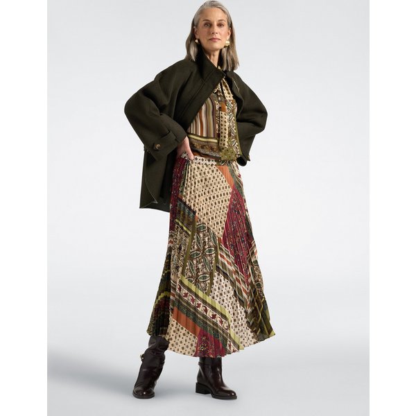 Elena Mirò - Gonna Plissé Lunga Stampa Patchwork Donna, Verde Militare Taglia: XL (52-54 It)-image