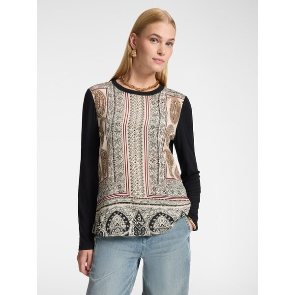 Elena Mirò - T-Shirt Bimaterica Stampata Misto Viscosa Donna, Nero Taglia: L (50 It)-image