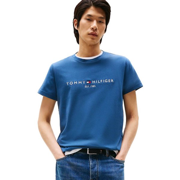 Tommy Hilfiger Mens Logo Embroidery Slim T-Shirt - Aegean Sea - S
