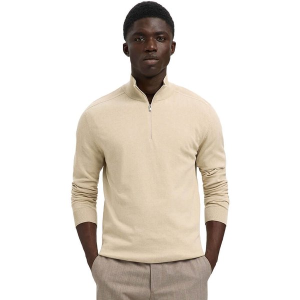 Selected Homme Mens Berg Half-Zip Knitted Jumper - Oatmeal - M