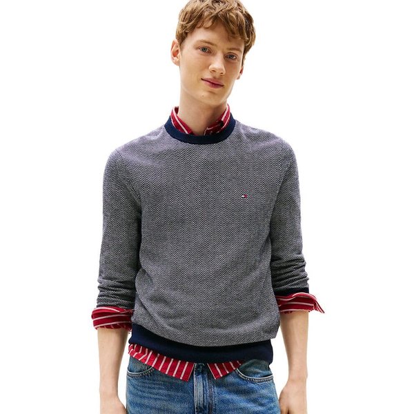 Tommy Hilfiger Mens Herringbone Knit Jumper With Cashmere - Navy Blue/Ivory Petal - 2XL