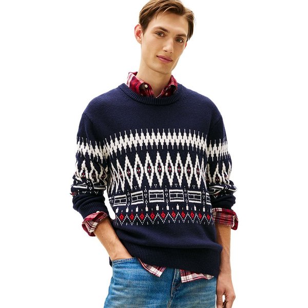 Tommy Hilfiger Mens Fair Isle Lambswool Blend Relaxed Jumper - Navy Blue/Ivory Petal - S