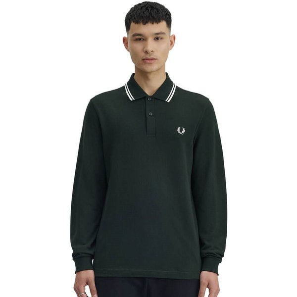 Fred Perry Mens M3636 Long Sleeve Polo Shirt - Night Green/Snow White - XL