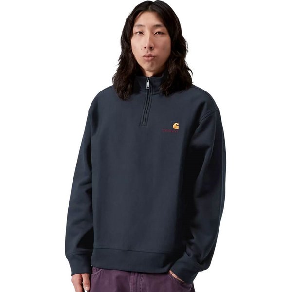 Carhartt WIP Mens Half Zip American Script Sweatshirt - Deep Night - XS