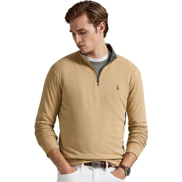 Polo Ralph Lauren Mens Luxury Jersey Quarter-Zip Pullover - Classic Camel Heather - XL