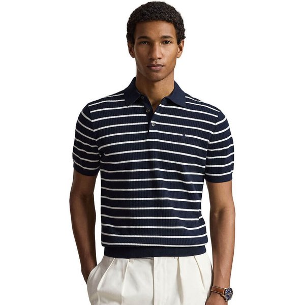 Polo Ralph Lauren Mens Striped Cotton Polo-Collar Sweater - Navy/White - S