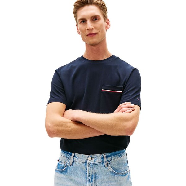 Tommy Hilfiger Mens Global Stripe Pocket Pique Jersey T-Shirt - Navy Blue - XL