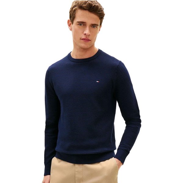 Tommy Hilfiger Mens Textured Knit Crew Neck Jumper - Dark Blue - L