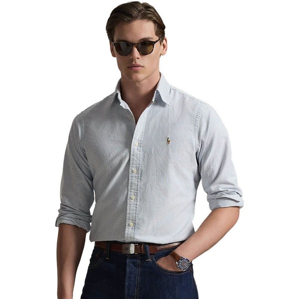 Polo Ralph Lauren Mens Custom Fit Striped Oxford Shirt - Navy/White - L