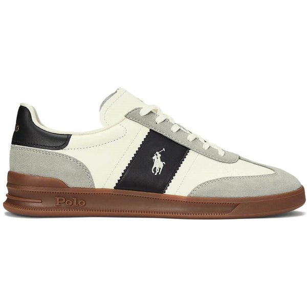 Polo Ralph Lauren Mens Heritage Aera Leather-Suede Trainers - White/Black/Soft Grey - 7