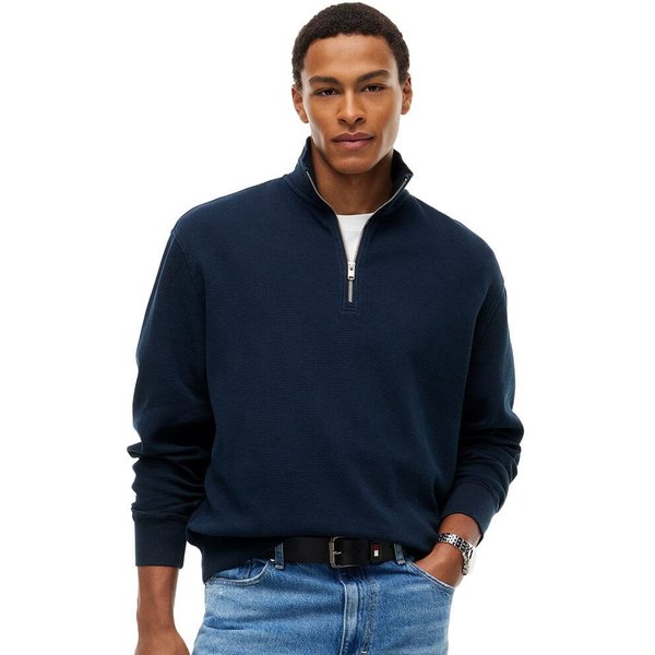 Tommy Jeans Mens Relaxed Washed Waffle Quarter-Zip Sweater - Dark Blue - XL