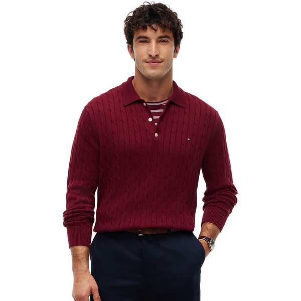 Tommy Hilfiger Mens Cable Knit Polo Jumper - Burgundy - L