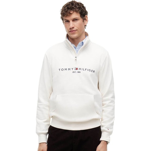 Tommy Hilfiger Mens Logo Fleece Quarter-Zip Sweatshirt - Ivory Petal - M