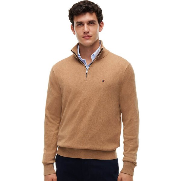 Tommy Hilfiger Mens Mock Neck Quarter-Zip Cashmere Jumper - Safari Canvas Heather - S