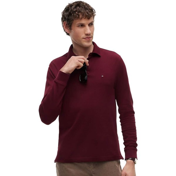 Tommy Hilfiger Mens 1985 Regular Fit Long Sleeve Polo Shirt - Burgundy - 2XL