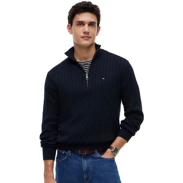Tommy Hilfiger Mens Cable Knit Quarter-Zip Jumper - Navy Blue - 2XL
