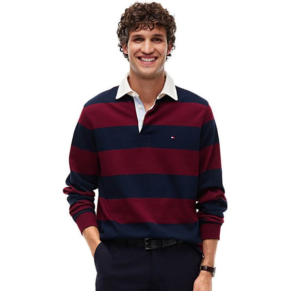 Tommy Hilfiger Mens Essential Stripe Rugby Shirt - Burgundy/Carbon Navy - XL