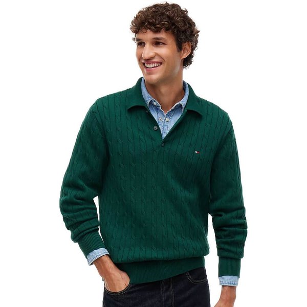 Tommy Hilfiger Mens Cable Knit Polo Jumper - Ornamental Green - L