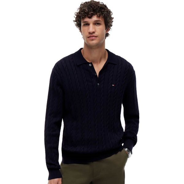 Tommy Hilfiger Mens Cable Knit Polo Jumper - Navy Blue - M