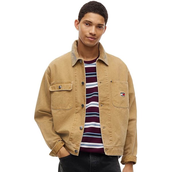 Tommy Jeans Mens Corduroy Collar Oversized Canvas Overshirt - Sandy Beige - L