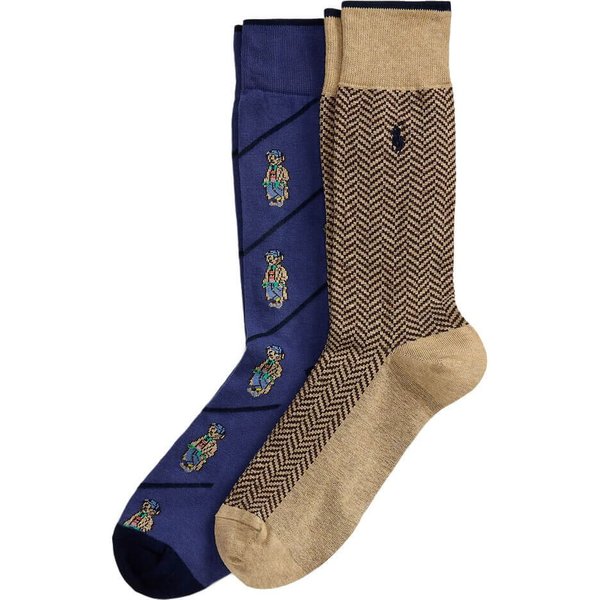 Polo Ralph Lauren Mens Combed Cotton Litchfield Bear 2-Pack Socks - Navy/Multi - 9-12