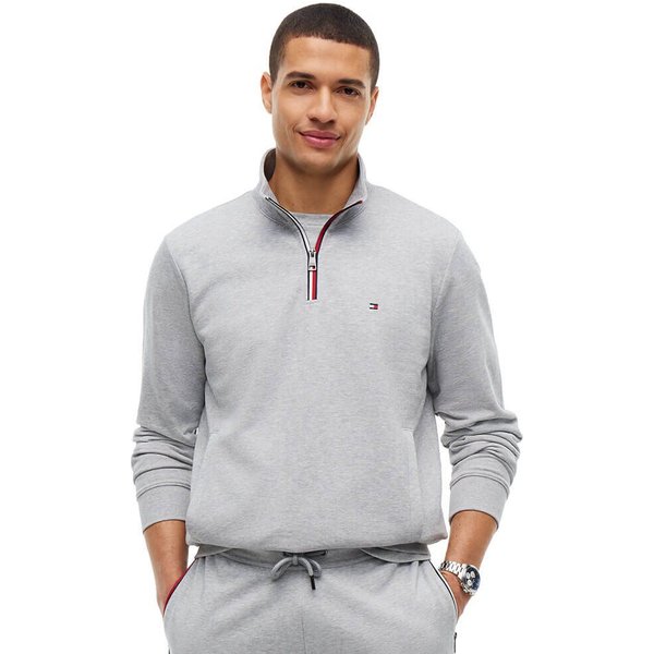 Tommy Hilfiger Mens Global Stripe Terry Quarter-Zip Sweatshirt - Light Grey Heather - 2XL