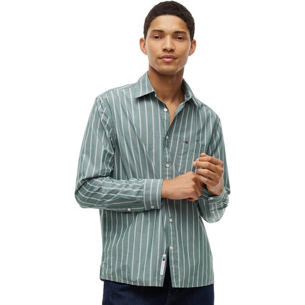Tommy Jeans Mens Regular Fit Poplin Pattern Shirt - Velvet Green Stripes - XL