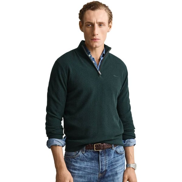 GANT Mens Herringbone Half-Zip Sweater - Tartan Green - 2XL