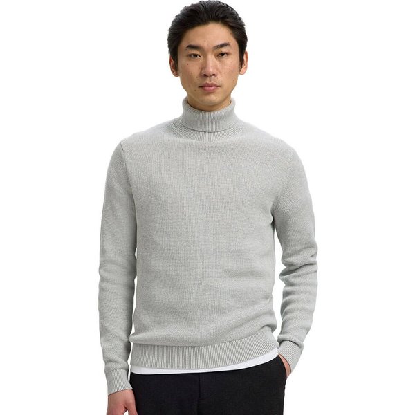 Selected Homme Mens Dane Knit Cotton Turtleneck - Light Grey Melange - M