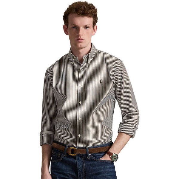 Polo Ralph Lauren Mens Custom Fit Striped Stretch Poplin Shirt - Nutmeg Brown/White - 2XL