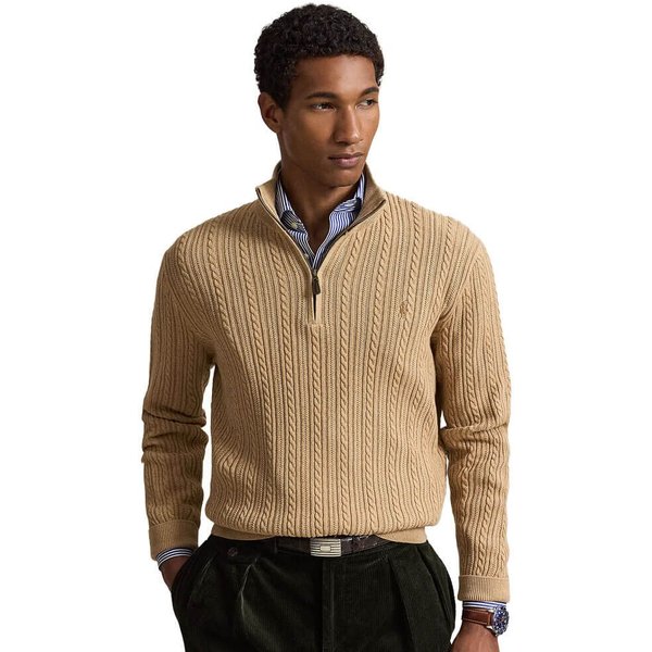 Polo Ralph Lauren Mens Cable-Knit Cotton Mockneck Sweater - Camel Melange - M