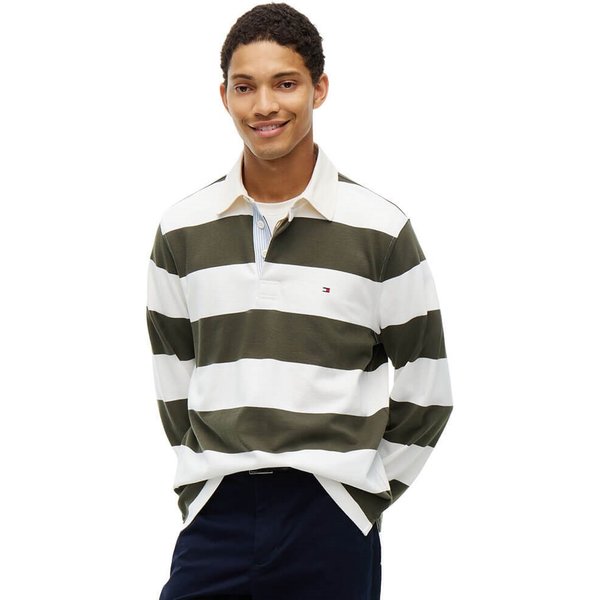 Tommy Hilfiger Mens Rugby Stripe Jersey Sweatshirt - Huntsman Green/Ivory Petal - XL