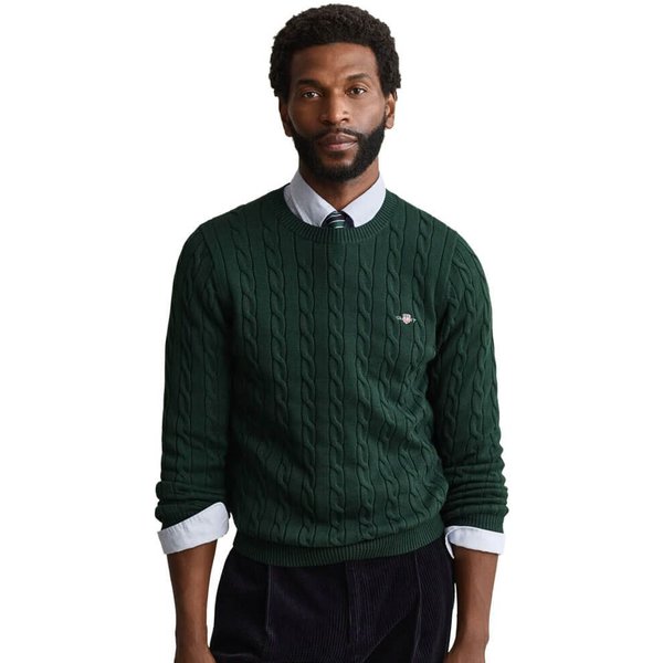 GANT Mens Classic Cable Knit Sweater - Tartan Green - S