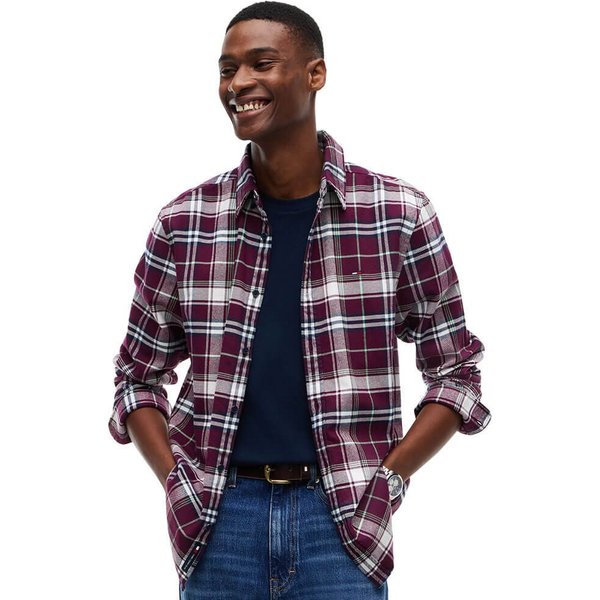 Tommy Jeans Mens Regular Fit Check Brushed Flannel Shirt - Calypso Berry - XS